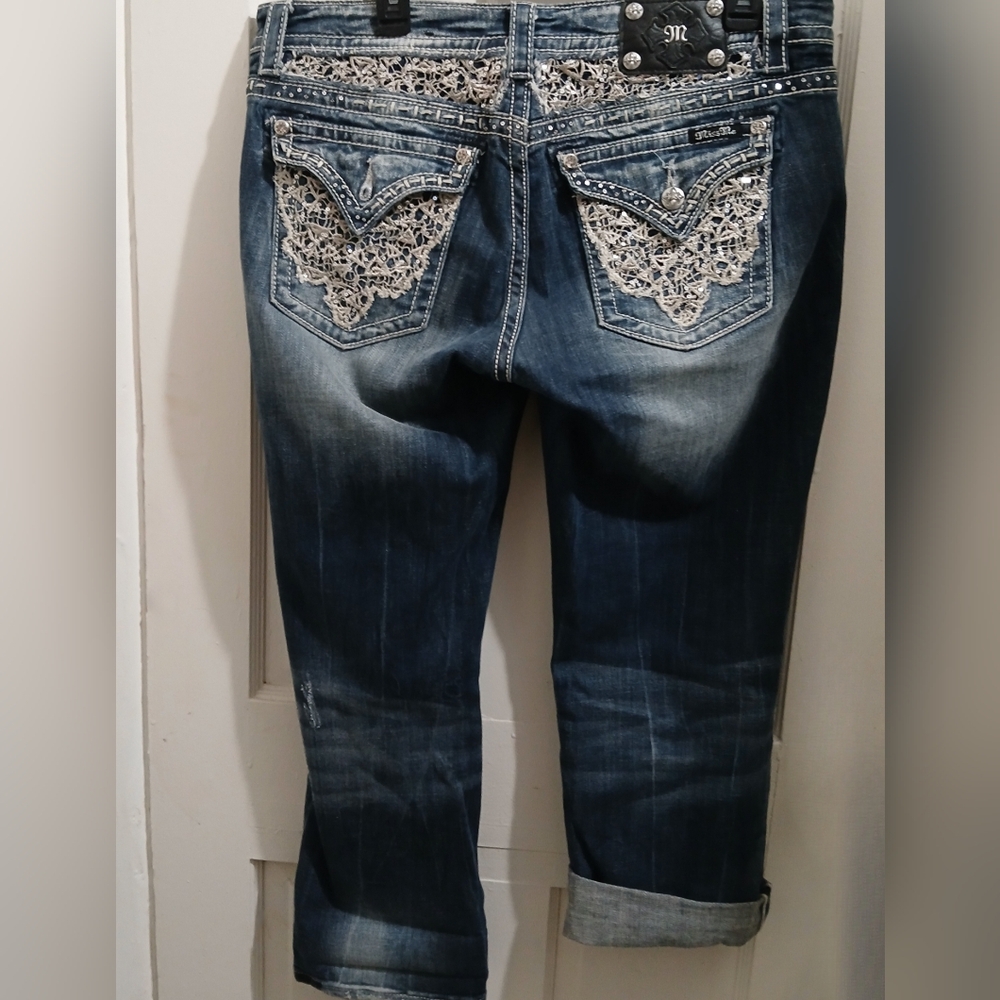 Miss Me Easy Capri Jeans #JE8005EP Intricate Lace Sequin Pockets, 32